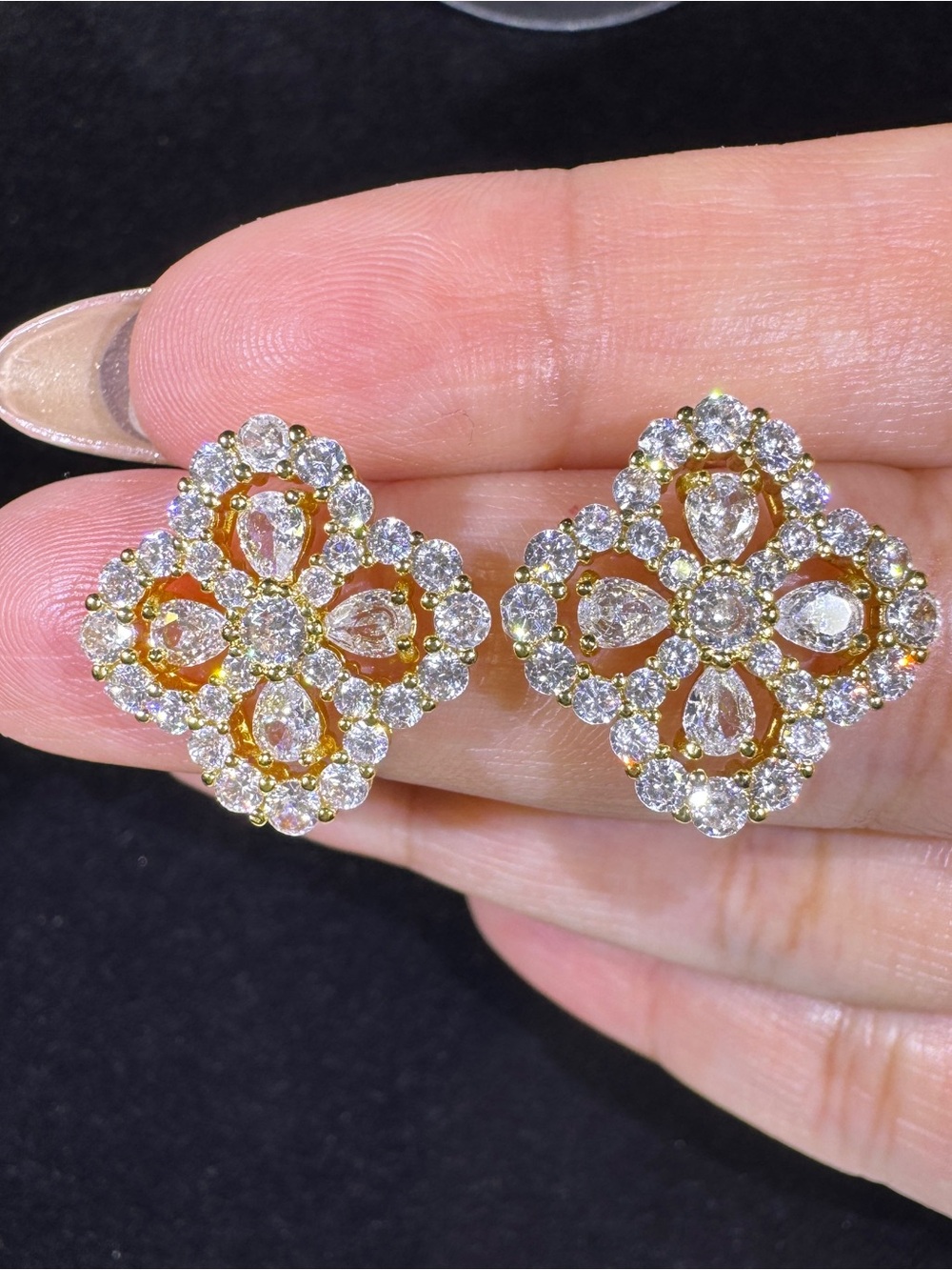 S925 Posts Gold White CZ Floral Cluster Stud Earrings